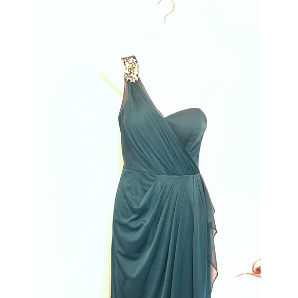 Xscape Teal One-Shoulder Ruched Embellished Long Gown Size 4 Womens - Picture 6 of 14
